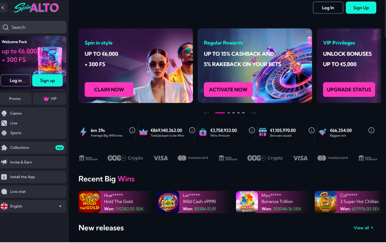 SpinAlto Casino homepage screenshot